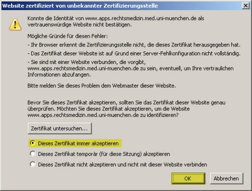 Firefox 2 Zertifikat Hinweis