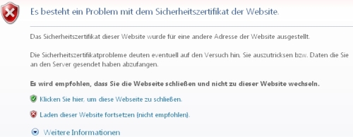Internet Explorer 7 und 8 Zertifikat Hinweis